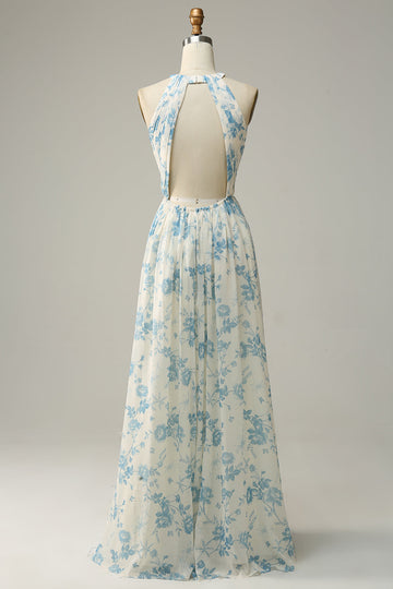 Blå Floral Boho Long Chiffon brudepike kjole